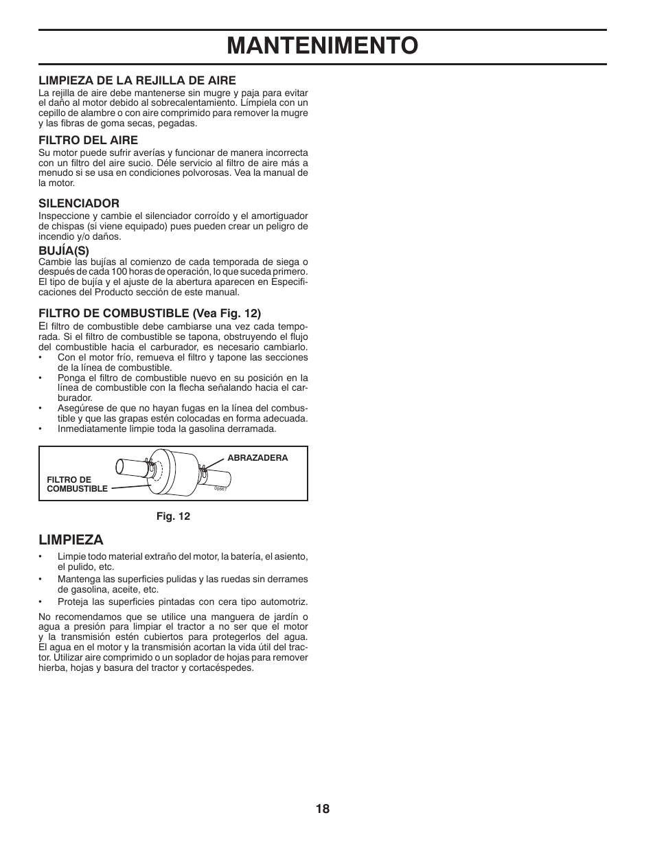 Mantenimento, Limpieza | Poulan Pro PB19542LT LAWN TRACTOR User Manual | Page 46 / 56