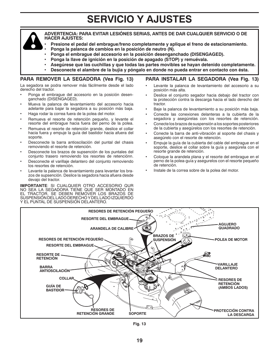 Servicio y ajustes | Poulan Pro PB19542LT LAWN TRACTOR User Manual | Page 47 / 56