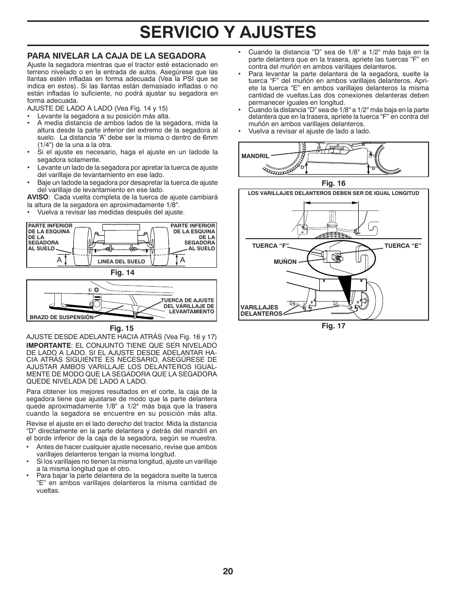 Servicio y ajustes, Para nivelar la caja de la segadora | Poulan Pro PB19542LT LAWN TRACTOR User Manual | Page 48 / 56