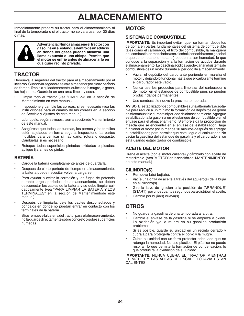 Almacenamiento, Tractor, Motor | Otros | Poulan Pro PB19542LT LAWN TRACTOR User Manual | Page 52 / 56