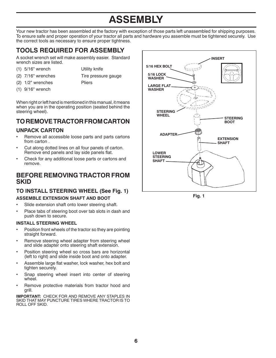 Assembly, Tools required for assembly, Before removing tractor from skid | Poulan Pro PB19542LT LAWN TRACTOR User Manual | Page 6 / 56