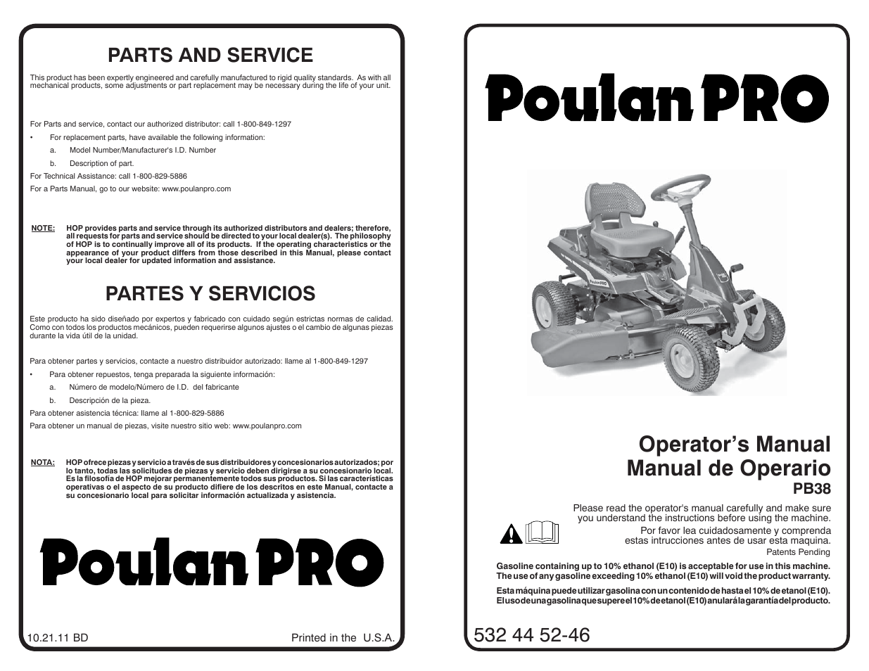 Poulan Pro PB38 LAWN TRACTOR User Manual | 30 pages