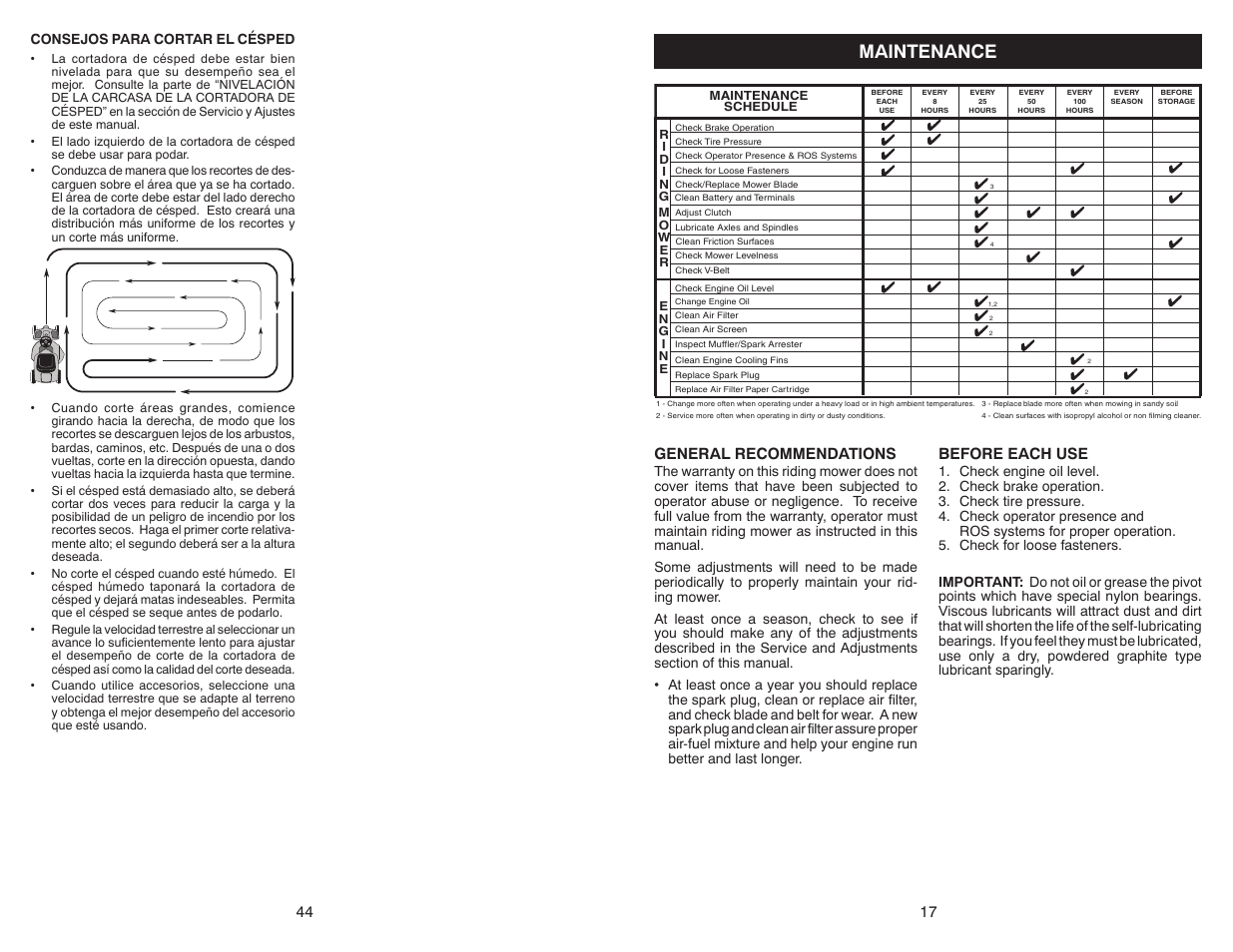 Maintenance, General recommendations, Before each use | Poulan Pro PB38 LAWN TRACTOR User Manual | Page 17 / 30
