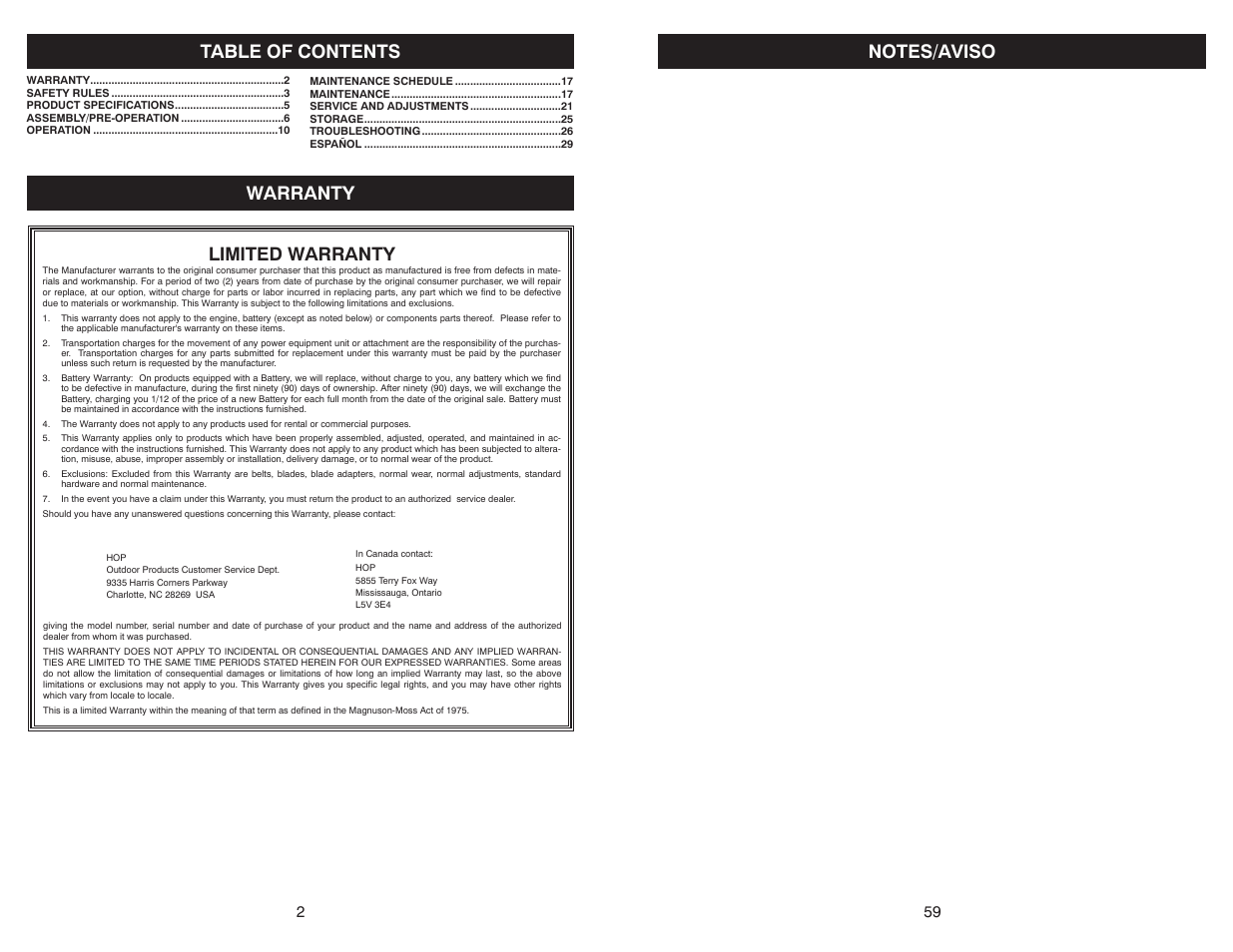 Table of contents warranty limited warranty | Poulan Pro PB38 LAWN TRACTOR User Manual | Page 2 / 30