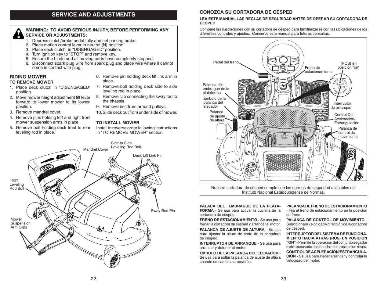 Service and adjustments | Poulan Pro PB38 LAWN TRACTOR User Manual | Page 22 / 30