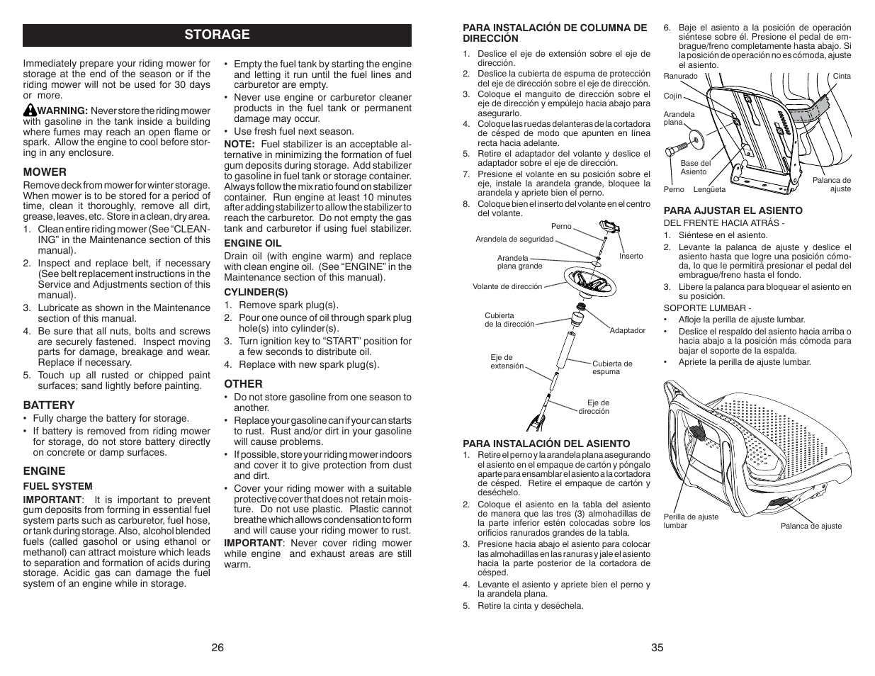 Storage | Poulan Pro PB38 LAWN TRACTOR User Manual | Page 26 / 30