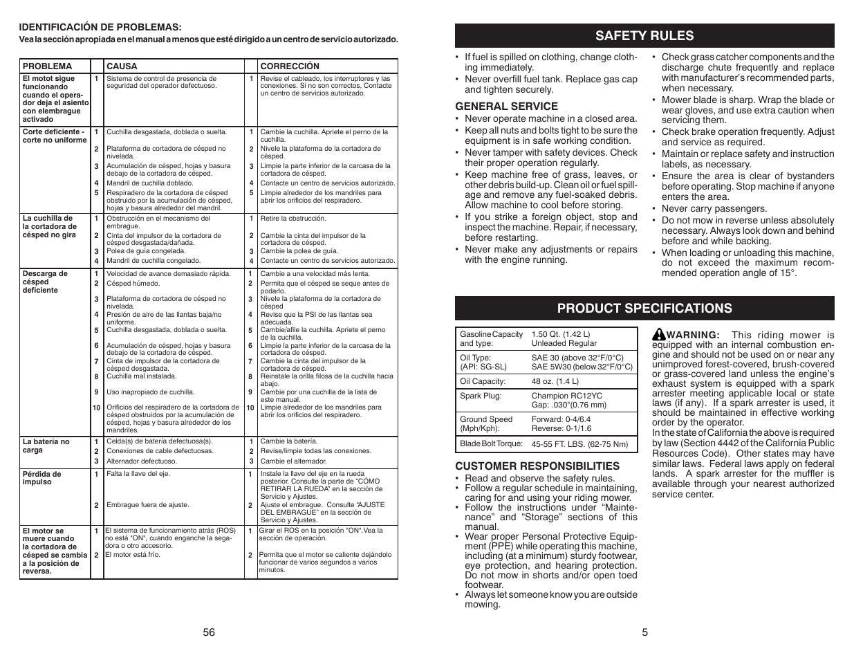 Safety rules product specifications, General service, Customer responsibilities | Poulan Pro PB38 LAWN TRACTOR User Manual | Page 5 / 30