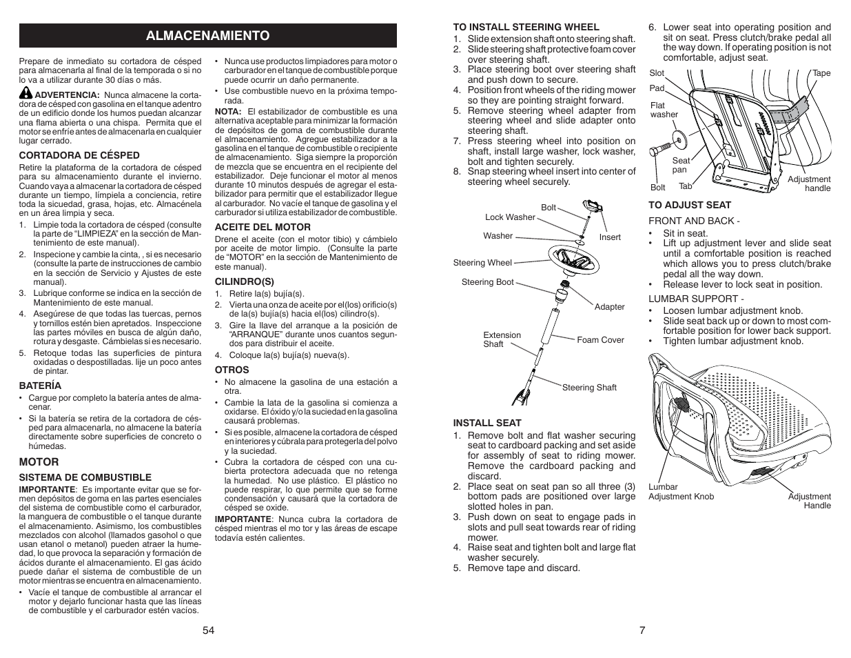 Almacenamiento | Poulan Pro PB38 LAWN TRACTOR User Manual | Page 7 / 30