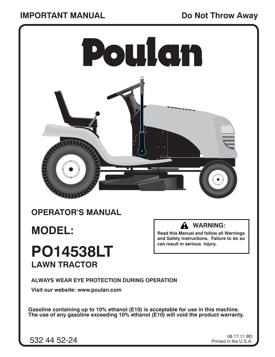 Poulan Pro PO14538LT LAWN TRACTOR User Manual | 28 pages