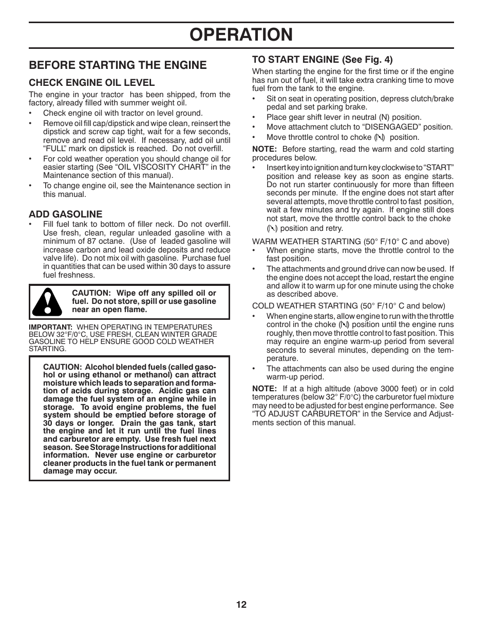 Operation, Before starting the engine | Poulan Pro PO14538LT LAWN TRACTOR User Manual | Page 12 / 28