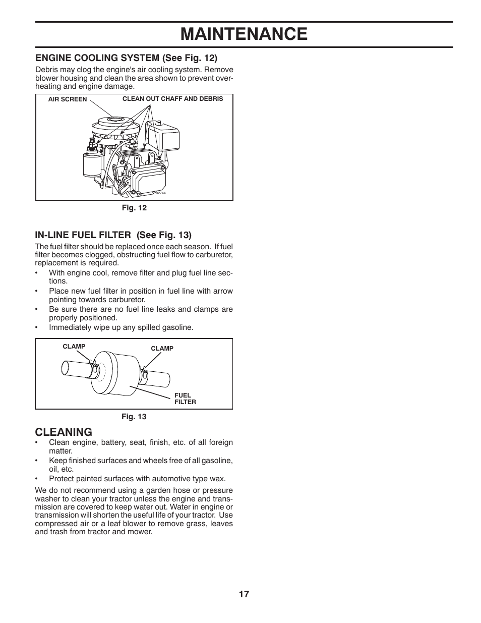 Maintenance, Cleaning | Poulan Pro PO14538LT LAWN TRACTOR User Manual | Page 17 / 28