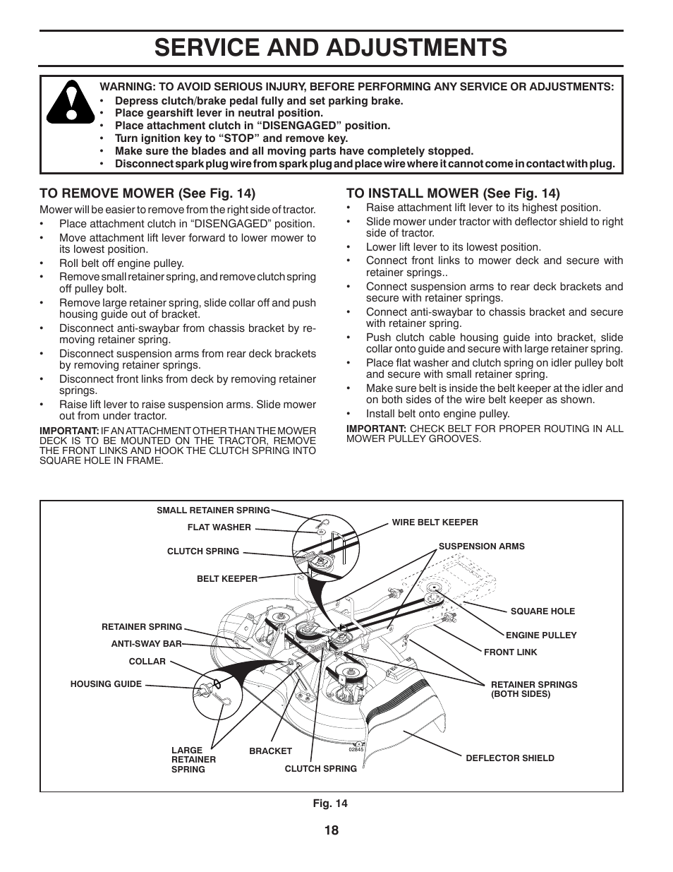 Service and adjustments | Poulan Pro PO14538LT LAWN TRACTOR User Manual | Page 18 / 28