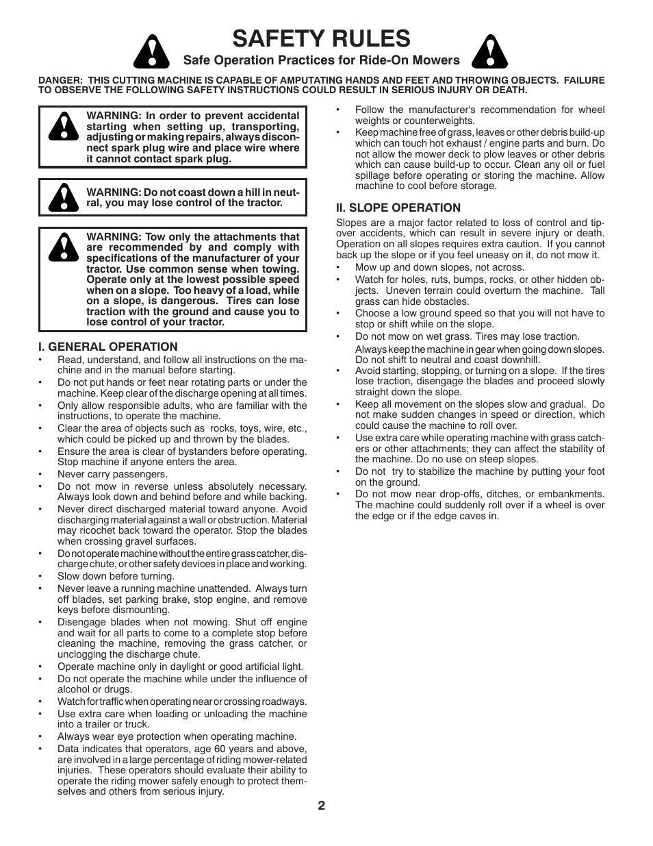 Safety rules, Safe operation practices for ride-on mowers | Poulan Pro PO14538LT LAWN TRACTOR User Manual | Page 2 / 28