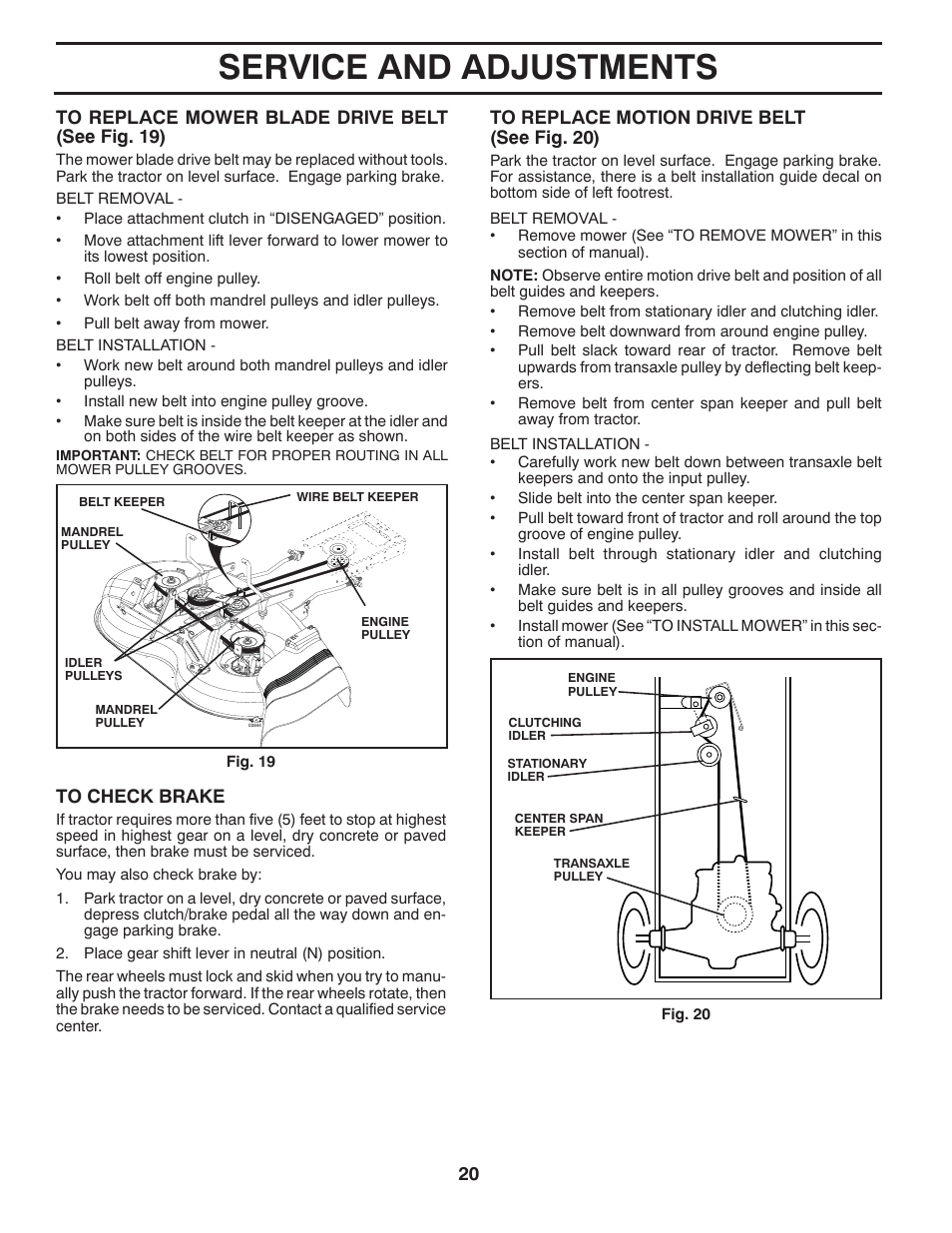 Service and adjustments | Poulan Pro PO14538LT LAWN TRACTOR User Manual | Page 20 / 28