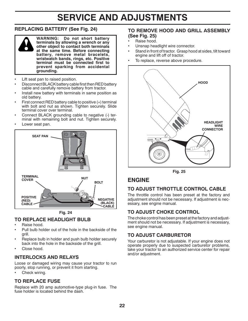 Service and adjustments, Engine | Poulan Pro PO14538LT LAWN TRACTOR User Manual | Page 22 / 28