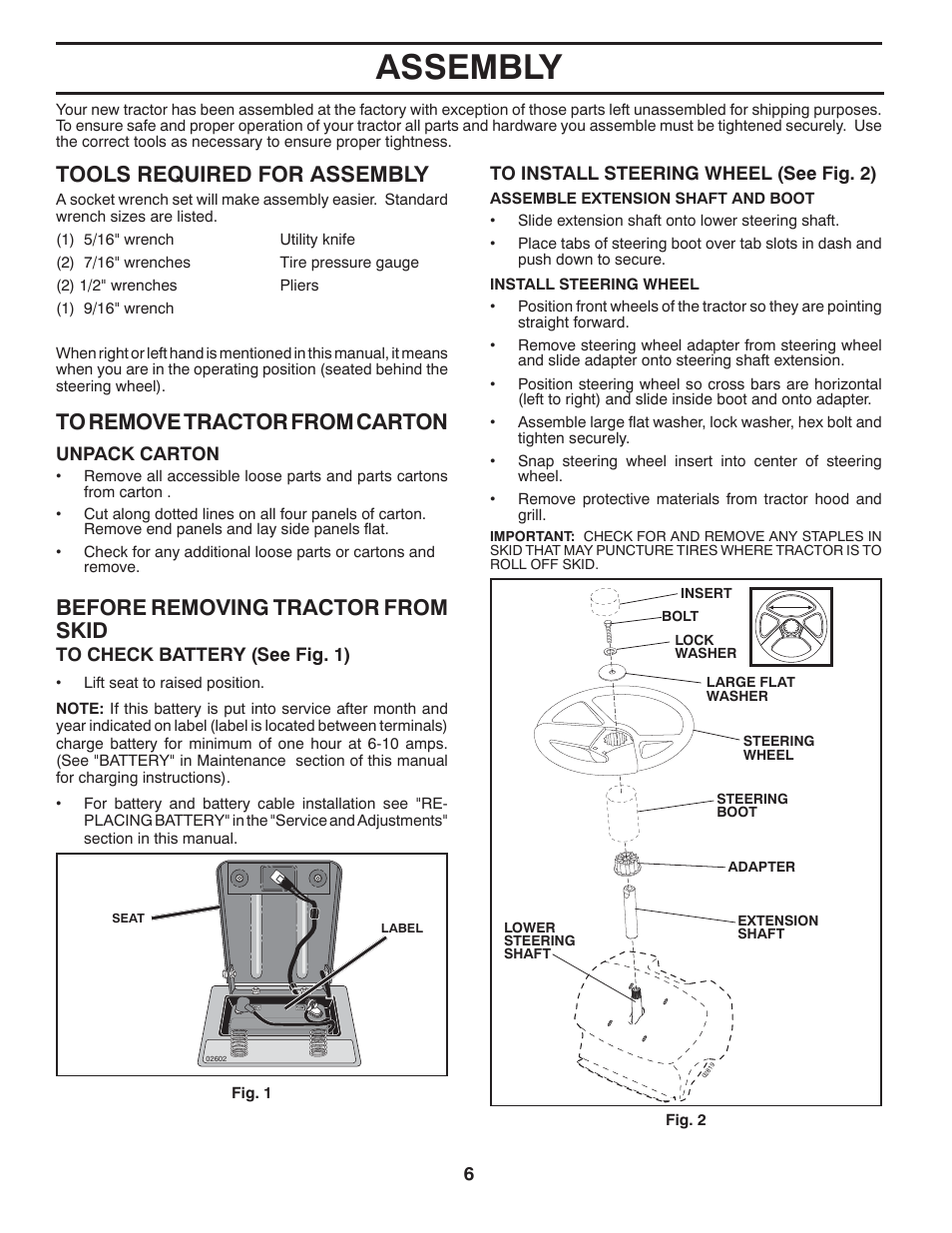 Assembly, Tools required for assembly, Before removing tractor from skid | Poulan Pro PO14538LT LAWN TRACTOR User Manual | Page 6 / 28