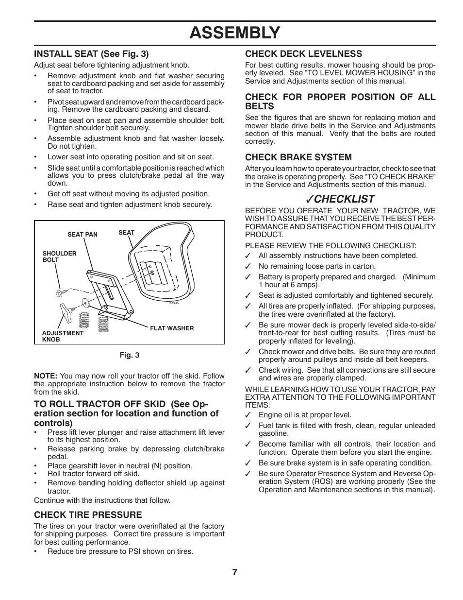 Assembly, Checklist | Poulan Pro PO14538LT LAWN TRACTOR User Manual | Page 7 / 28