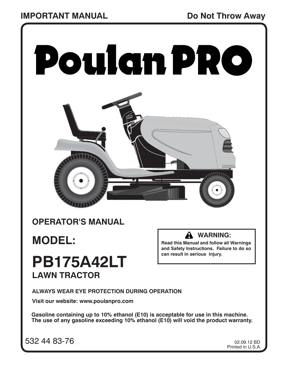 Poulan Pro PB175A42LT LAWN TRACTOR User Manual | 30 pages