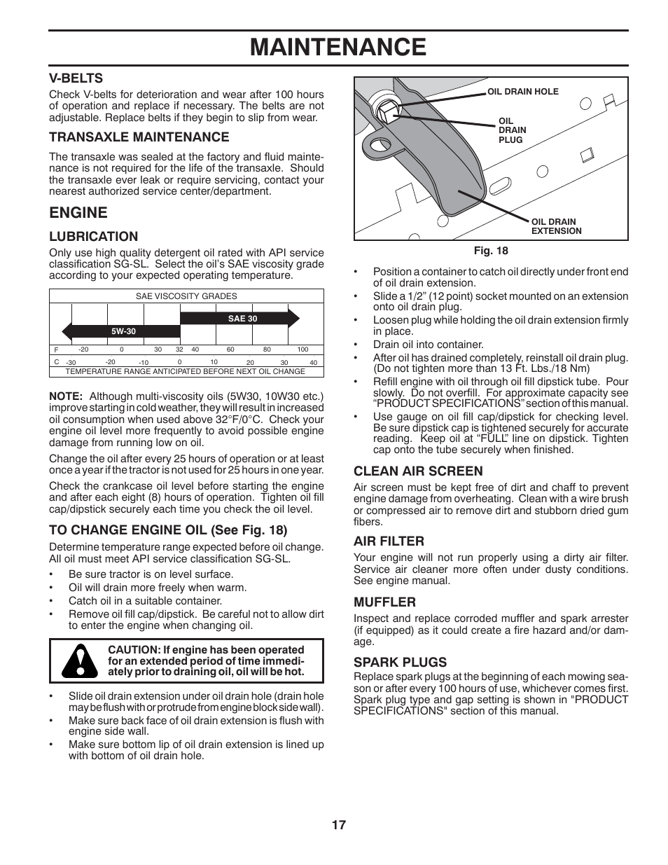 Maintenance, Engine, Air filter | Clean air screen, Muffler, Spark plugs, V-belts, Transaxle maintenance, Lubrication | Poulan Pro PB175A42LT LAWN TRACTOR User Manual | Page 17 / 30