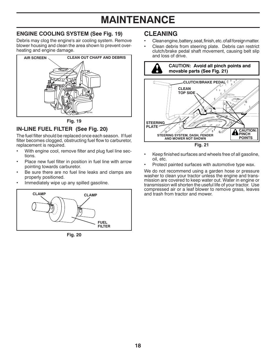 Maintenance, Cleaning, In-line fuel filter (see fig. 20) | Engine cooling system (see fig. 19) | Poulan Pro PB175A42LT LAWN TRACTOR User Manual | Page 18 / 30