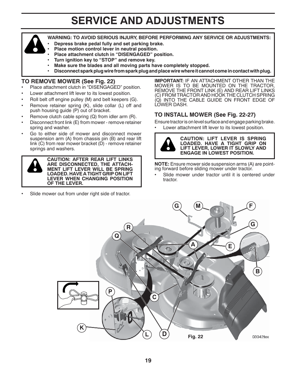 Service and adjustments | Poulan Pro PB175A42LT LAWN TRACTOR User Manual | Page 19 / 30