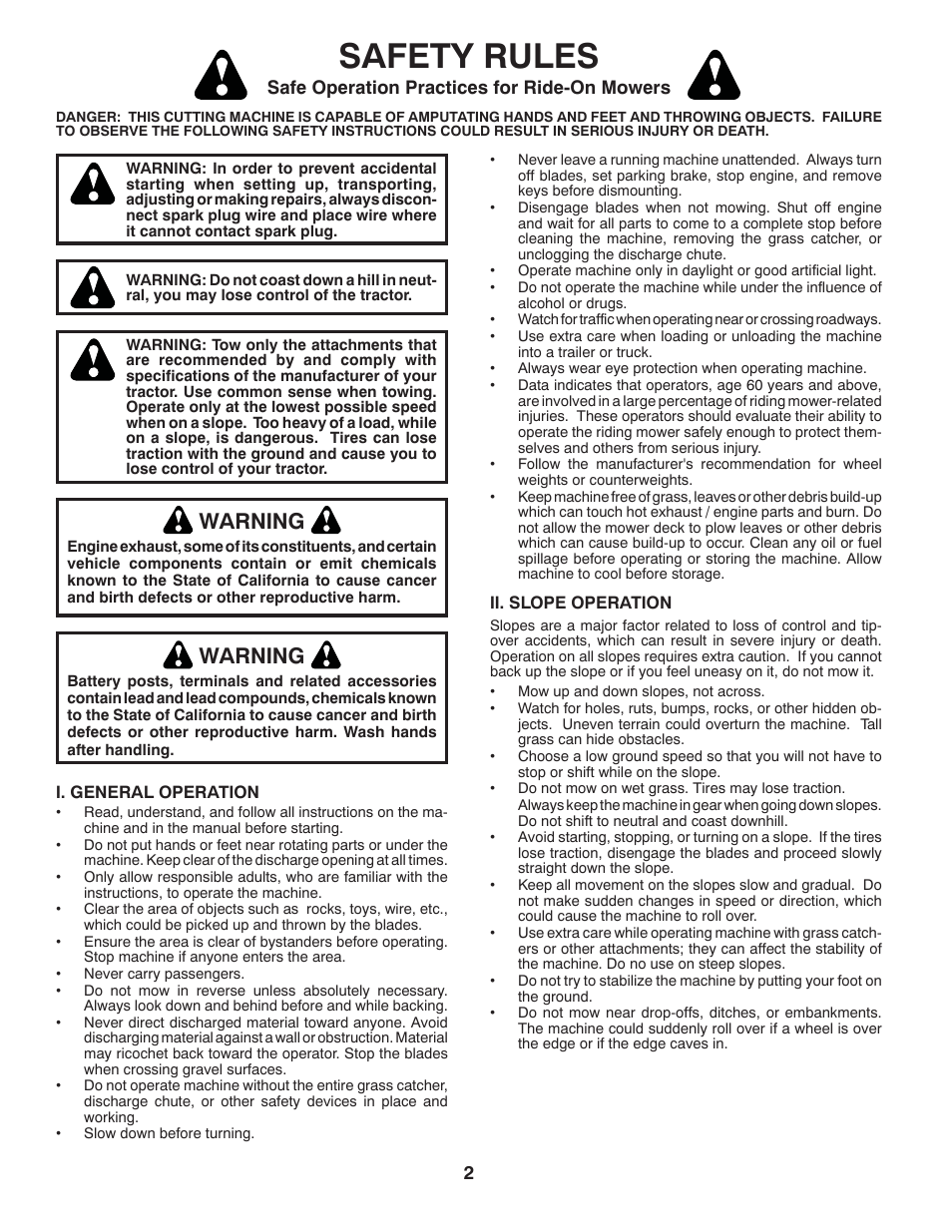 Safety rules, Warning, Safe operation practices for ride-on mowers | Poulan Pro PB175A42LT LAWN TRACTOR User Manual | Page 2 / 30