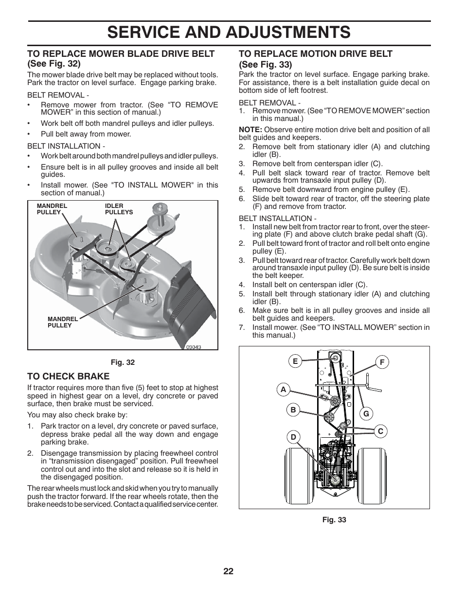 Service and adjustments | Poulan Pro PB175A42LT LAWN TRACTOR User Manual | Page 22 / 30