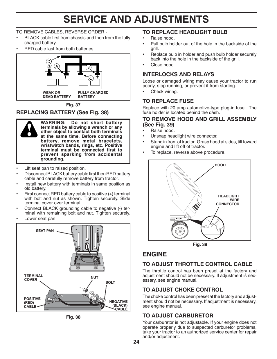 Service and adjustments, Engine | Poulan Pro PB175A42LT LAWN TRACTOR User Manual | Page 24 / 30