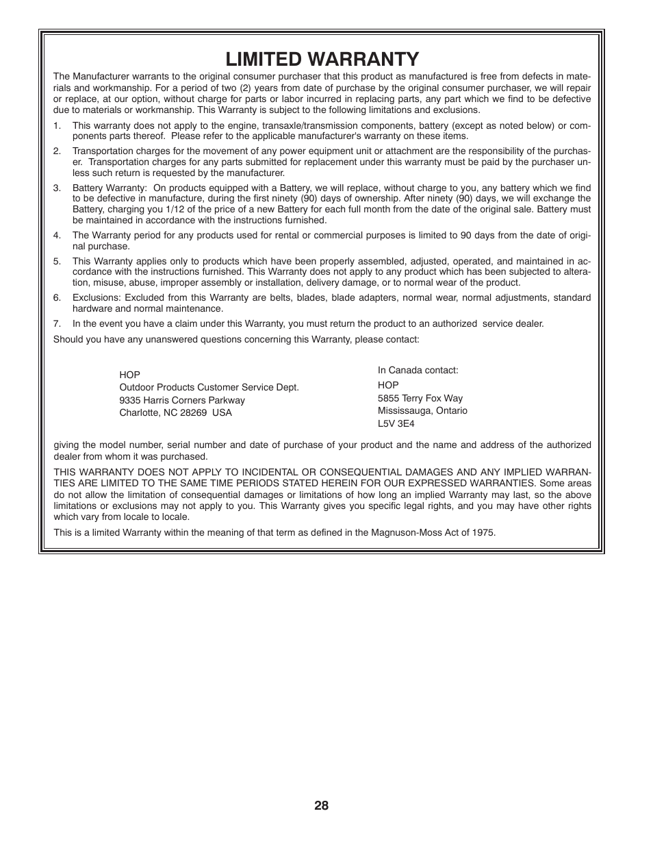 Limited warranty | Poulan Pro PB175A42LT LAWN TRACTOR User Manual | Page 28 / 30