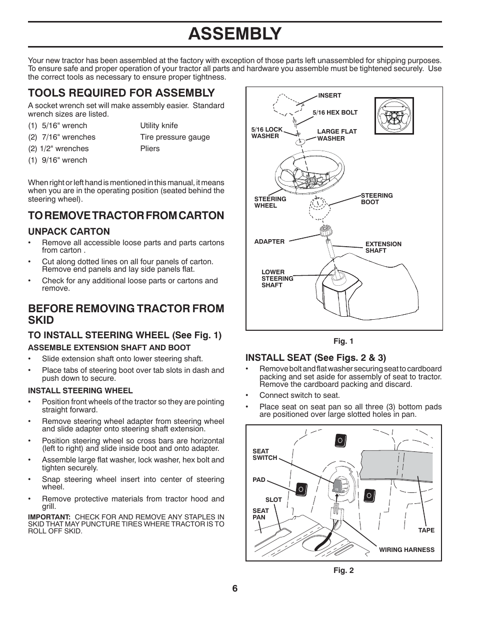 Assembly, Tools required for assembly, Before removing tractor from skid | Poulan Pro PB175A42LT LAWN TRACTOR User Manual | Page 6 / 30