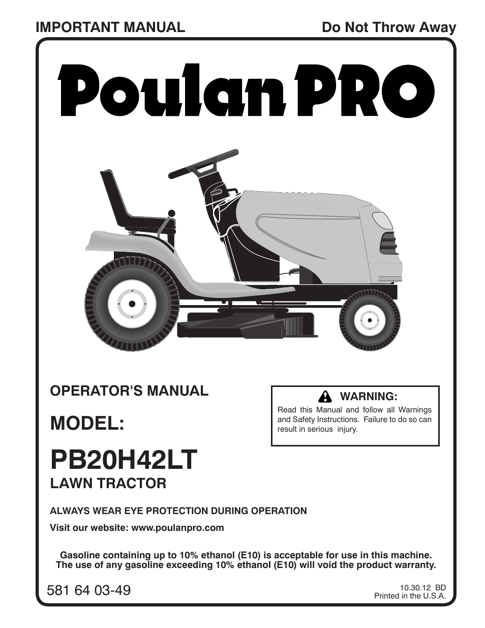 Poulan Pro PB20H42LT LAWN TRACTOR User Manual | 28 pages