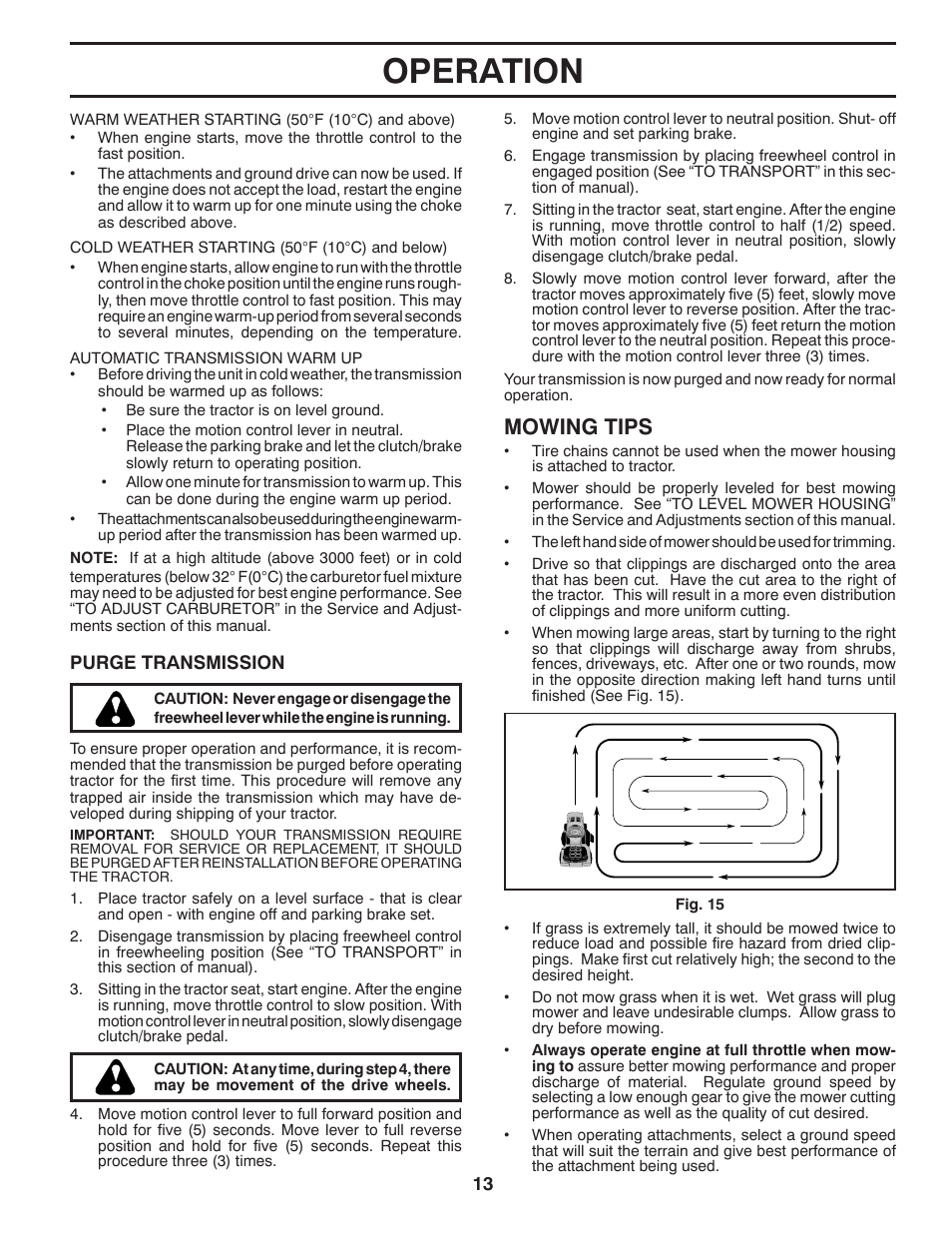 Operation, Mowing tips | Poulan Pro PB20H42LT LAWN TRACTOR User Manual | Page 13 / 28