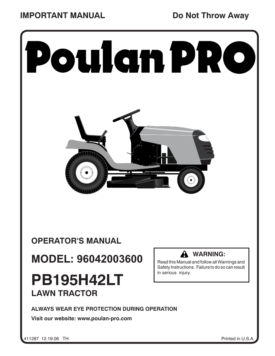 Poulan Pro PB195H42LT LAWN TRACTOR User Manual | 44 pages