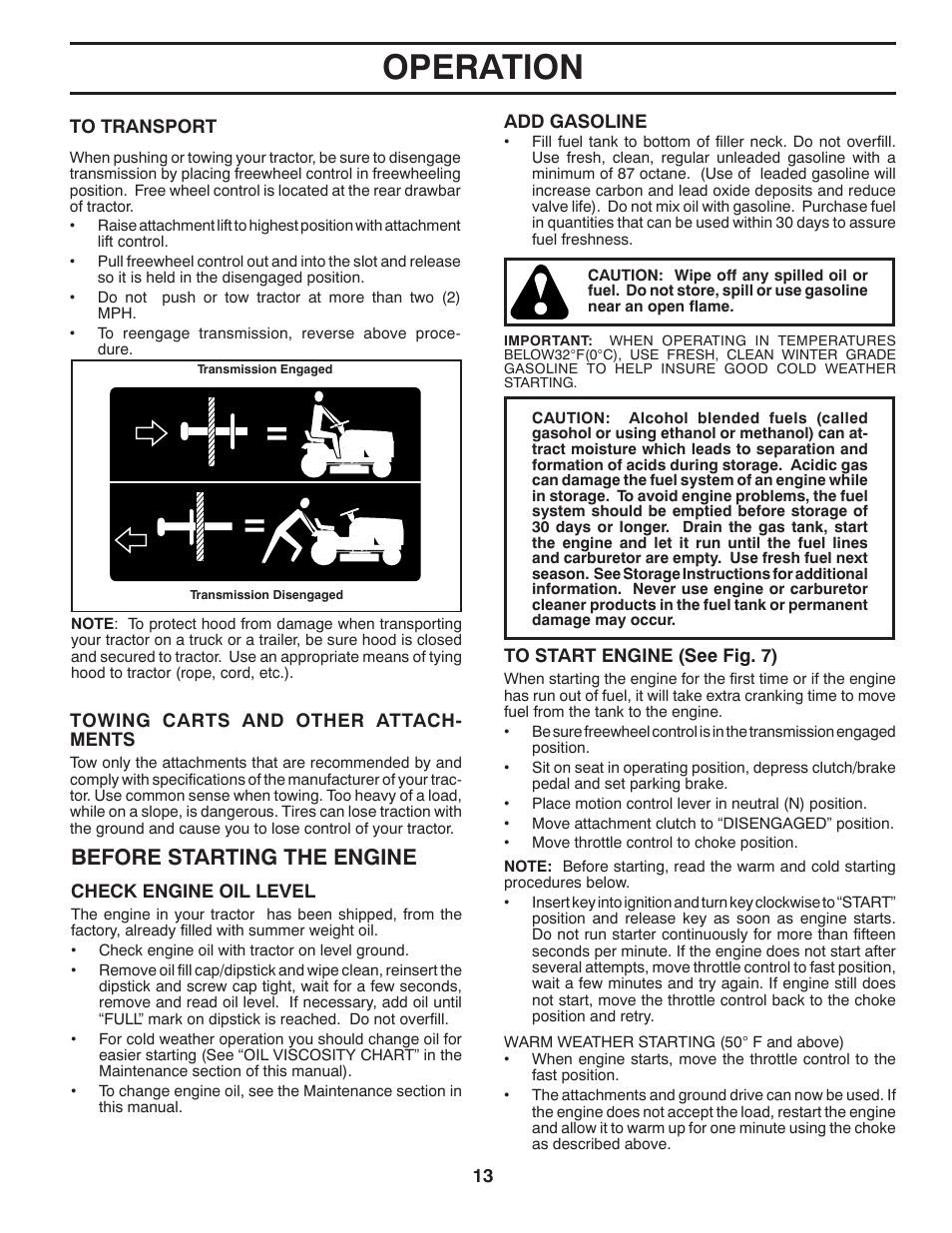 Operation, Before starting the engine | Poulan Pro PB195H42LT LAWN TRACTOR User Manual | Page 13 / 44