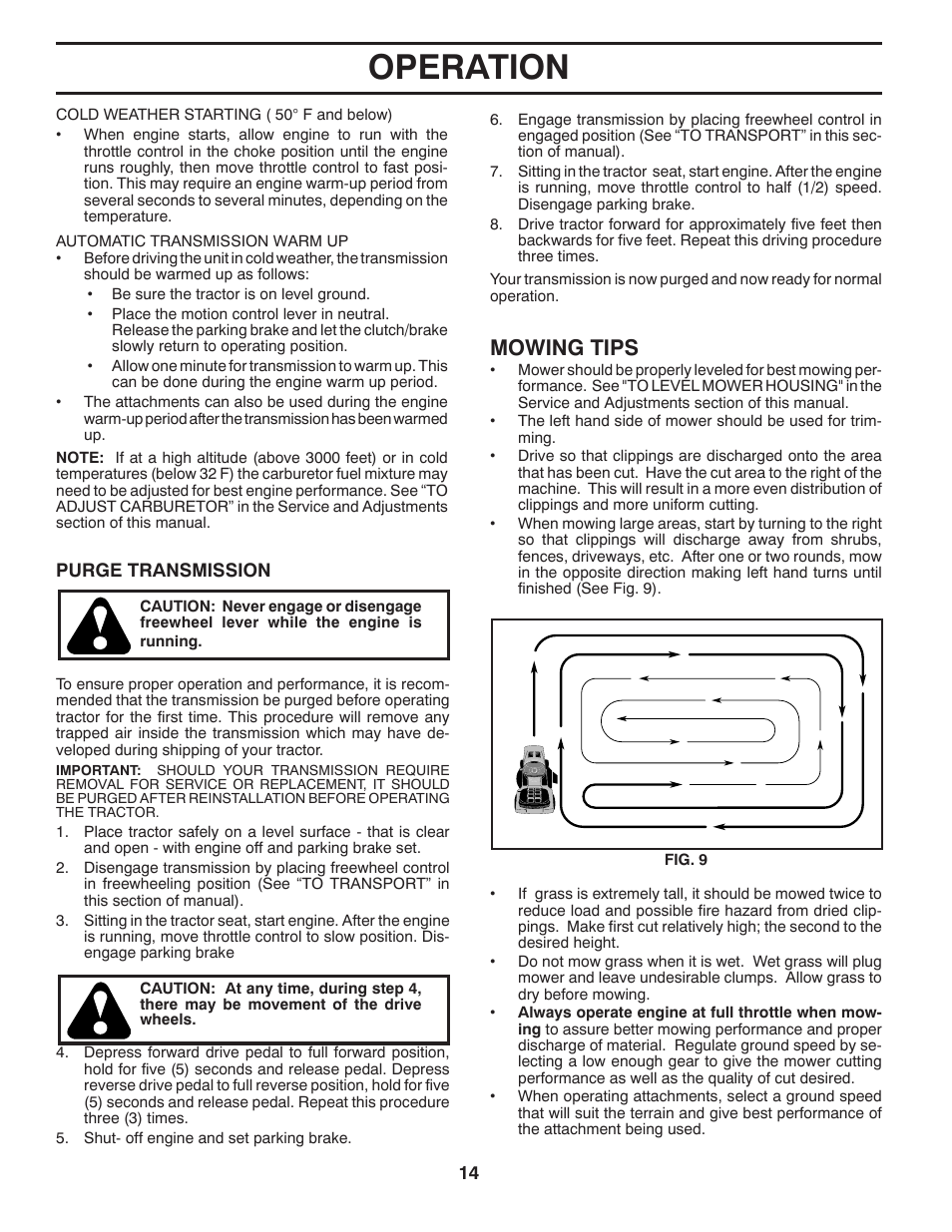 Operation, Mowing tips | Poulan Pro PB195H42LT LAWN TRACTOR User Manual | Page 14 / 44