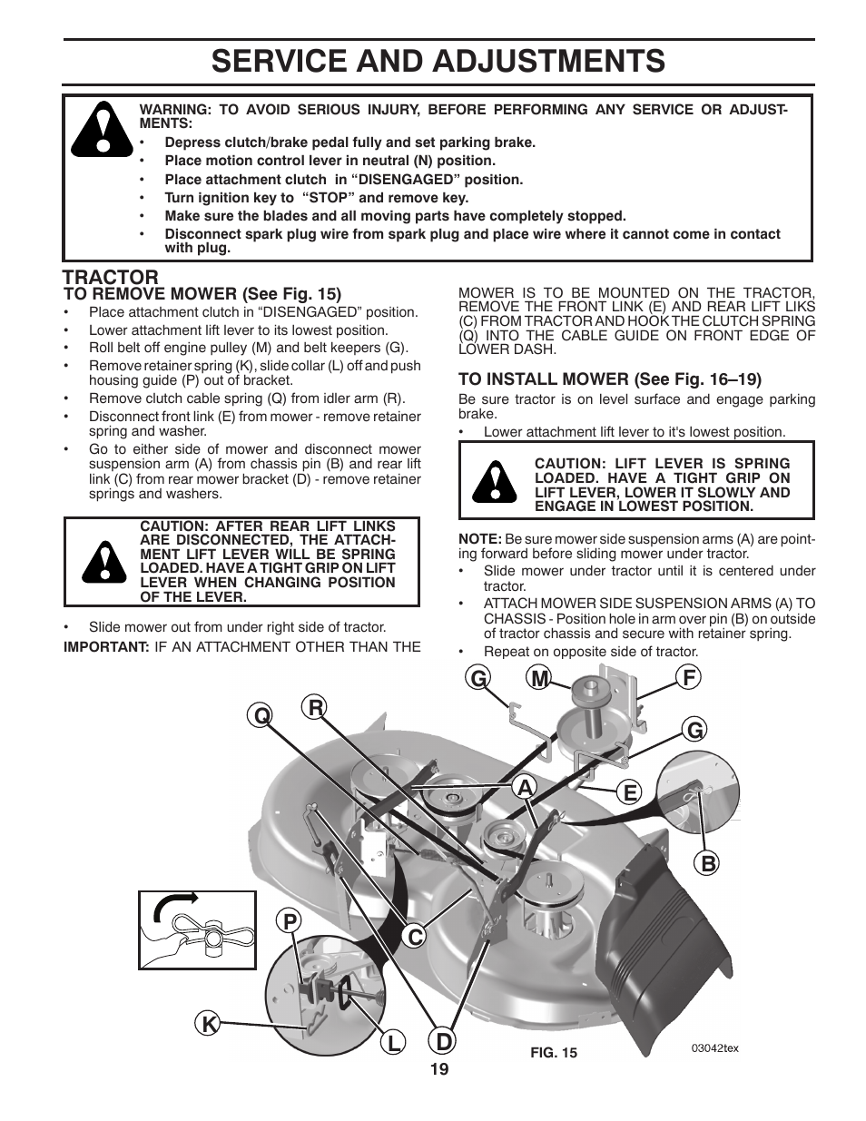 Service & adjustments, Service and adjustments, Tractor | Poulan Pro PB195H42LT LAWN TRACTOR User Manual | Page 19 / 44