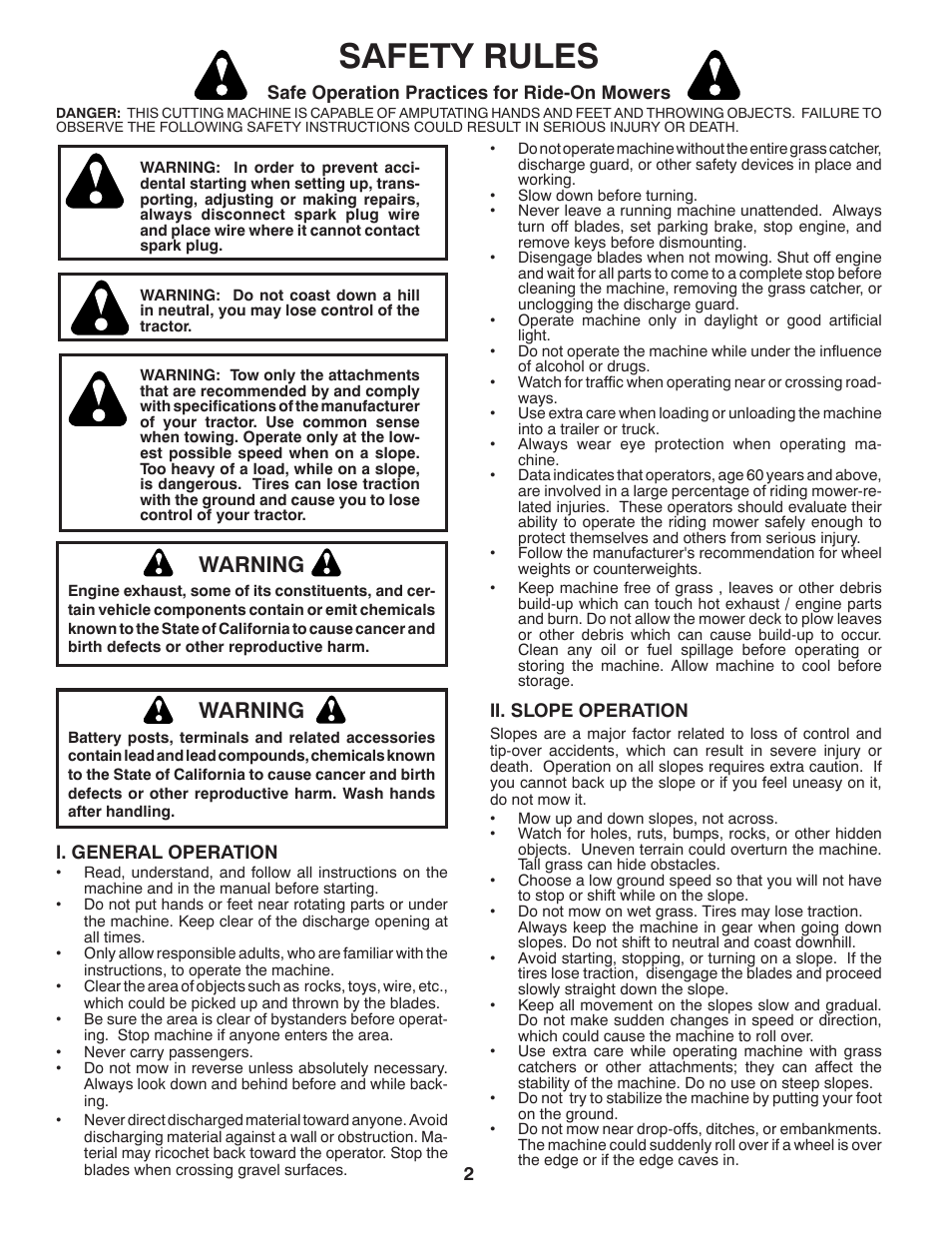 Safety rules, Warning | Poulan Pro PB195H42LT LAWN TRACTOR User Manual | Page 2 / 44