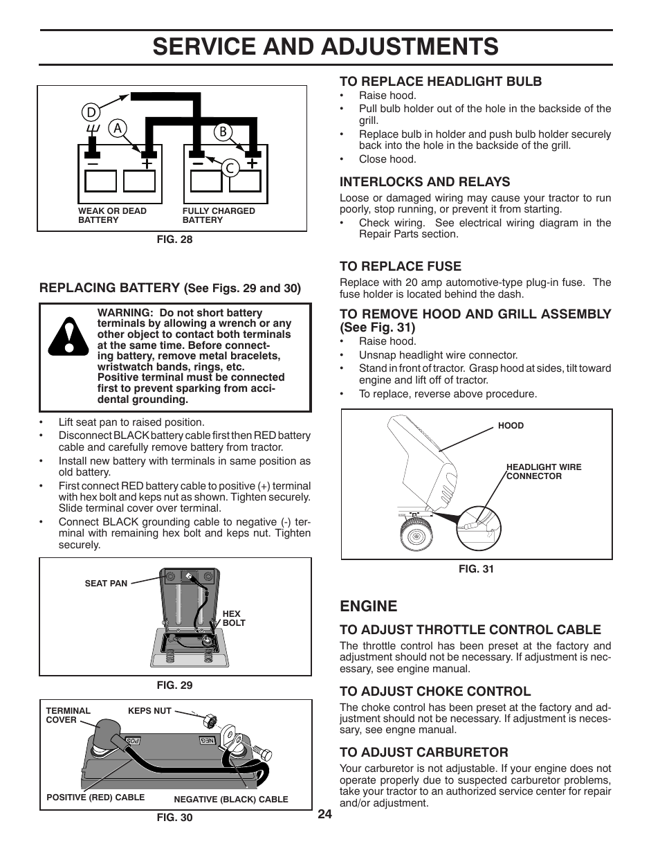 Service and adjustments, Engine | Poulan Pro PB195H42LT LAWN TRACTOR User Manual | Page 24 / 44