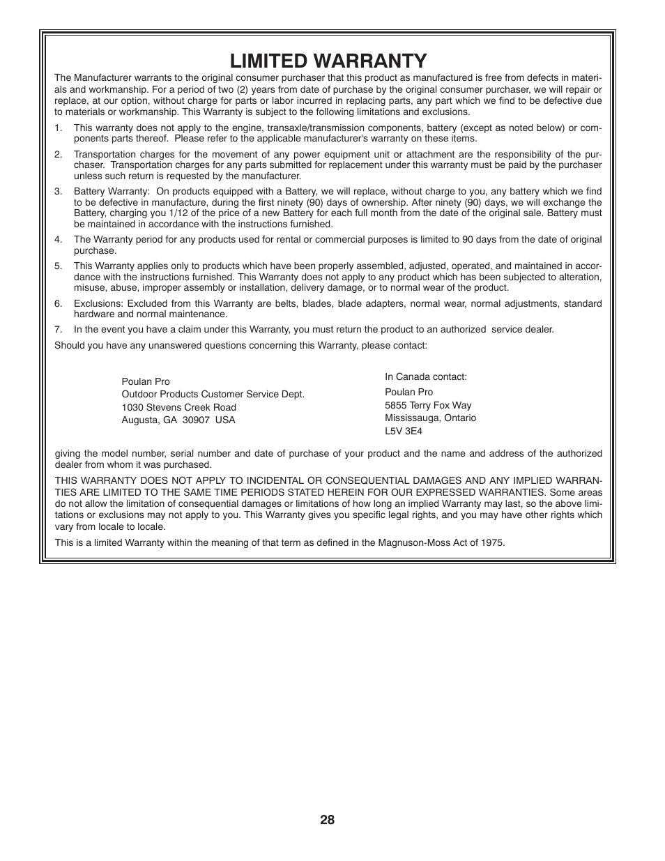 Warranty, Limited warranty | Poulan Pro PB195H42LT LAWN TRACTOR User Manual | Page 28 / 44