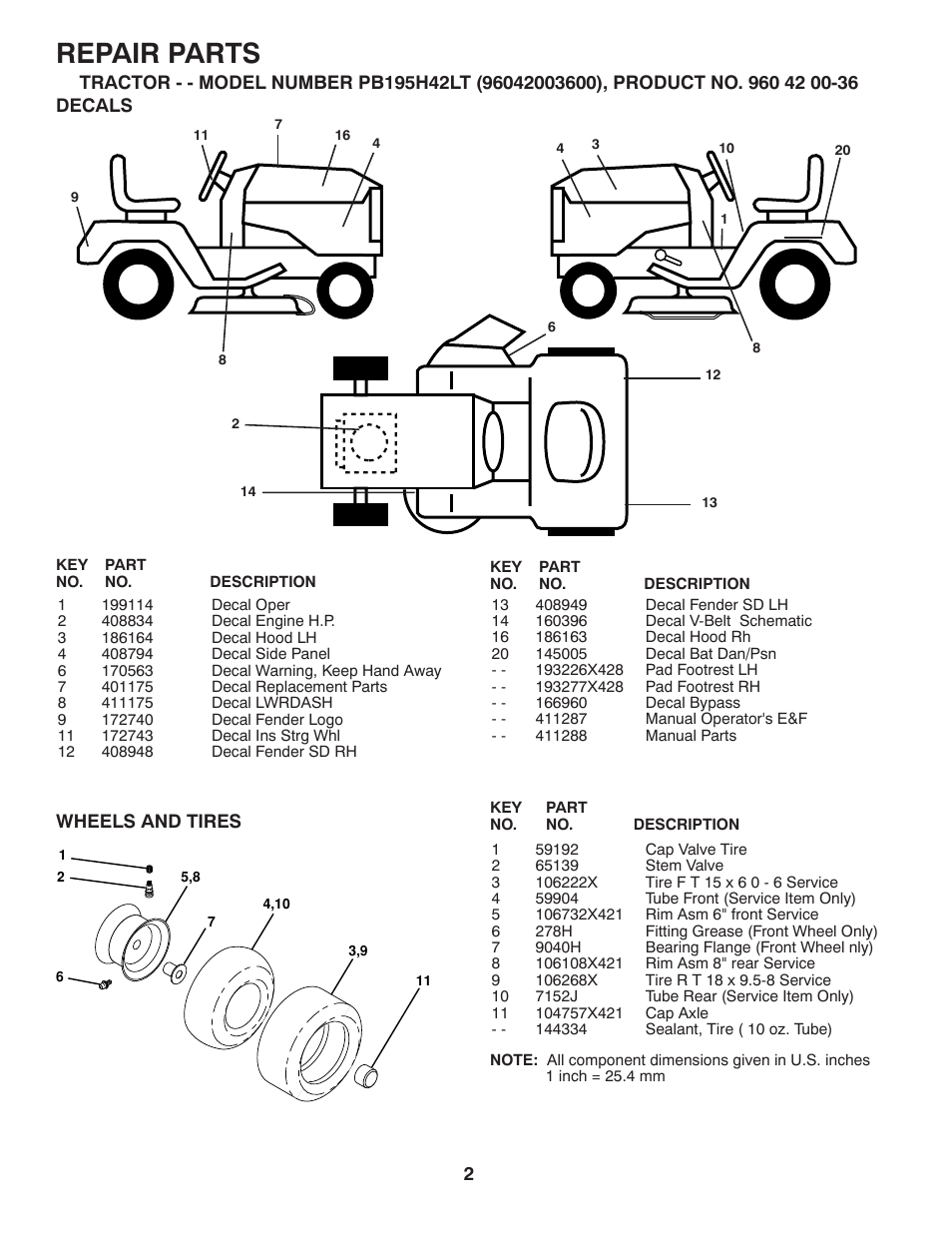 Repair parts, Decals / wheels & tires | Poulan Pro PB195H42LT LAWN TRACTOR User Manual | Page 30 / 44