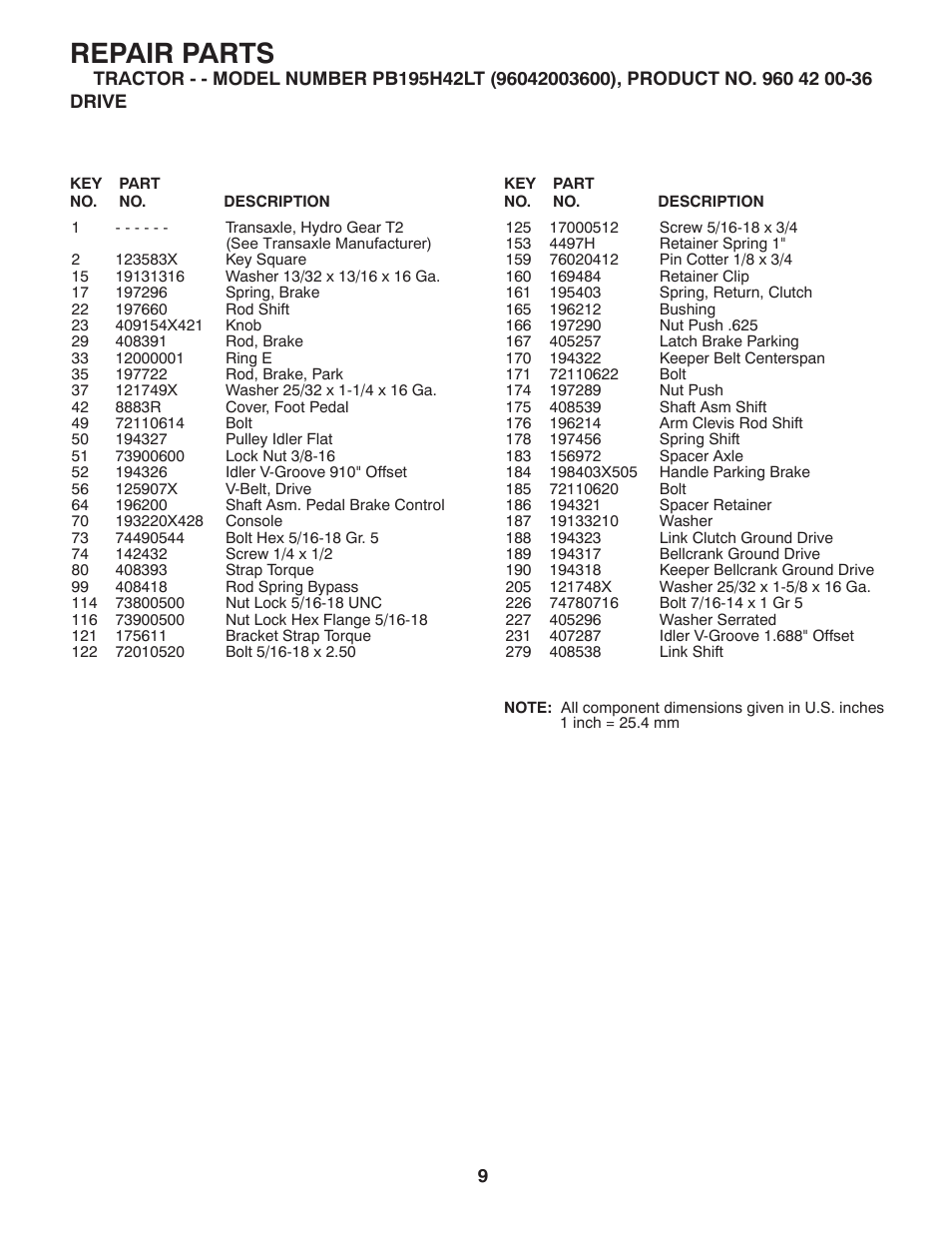 Repair parts | Poulan Pro PB195H42LT LAWN TRACTOR User Manual | Page 37 / 44