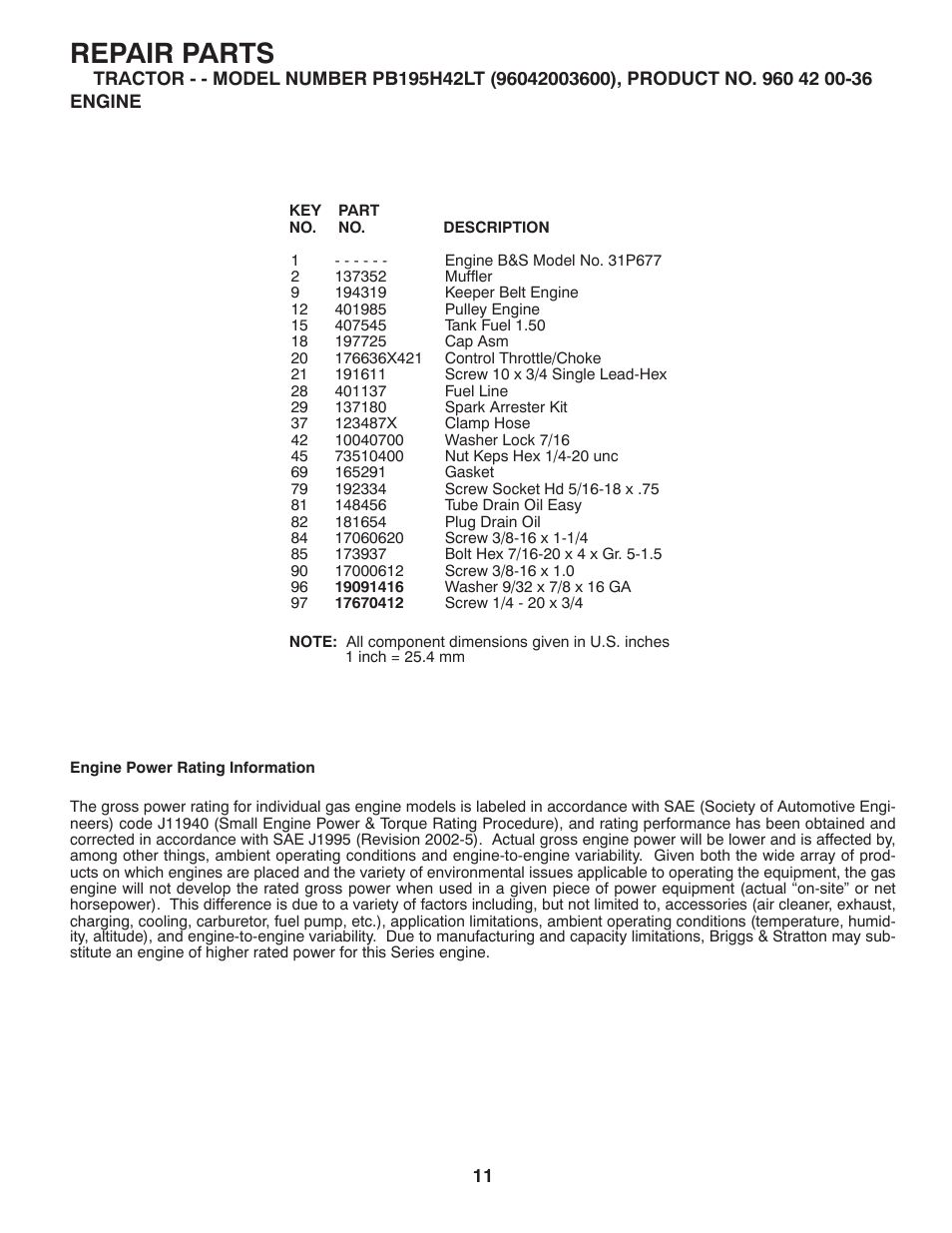 Repair parts | Poulan Pro PB195H42LT LAWN TRACTOR User Manual | Page 39 / 44