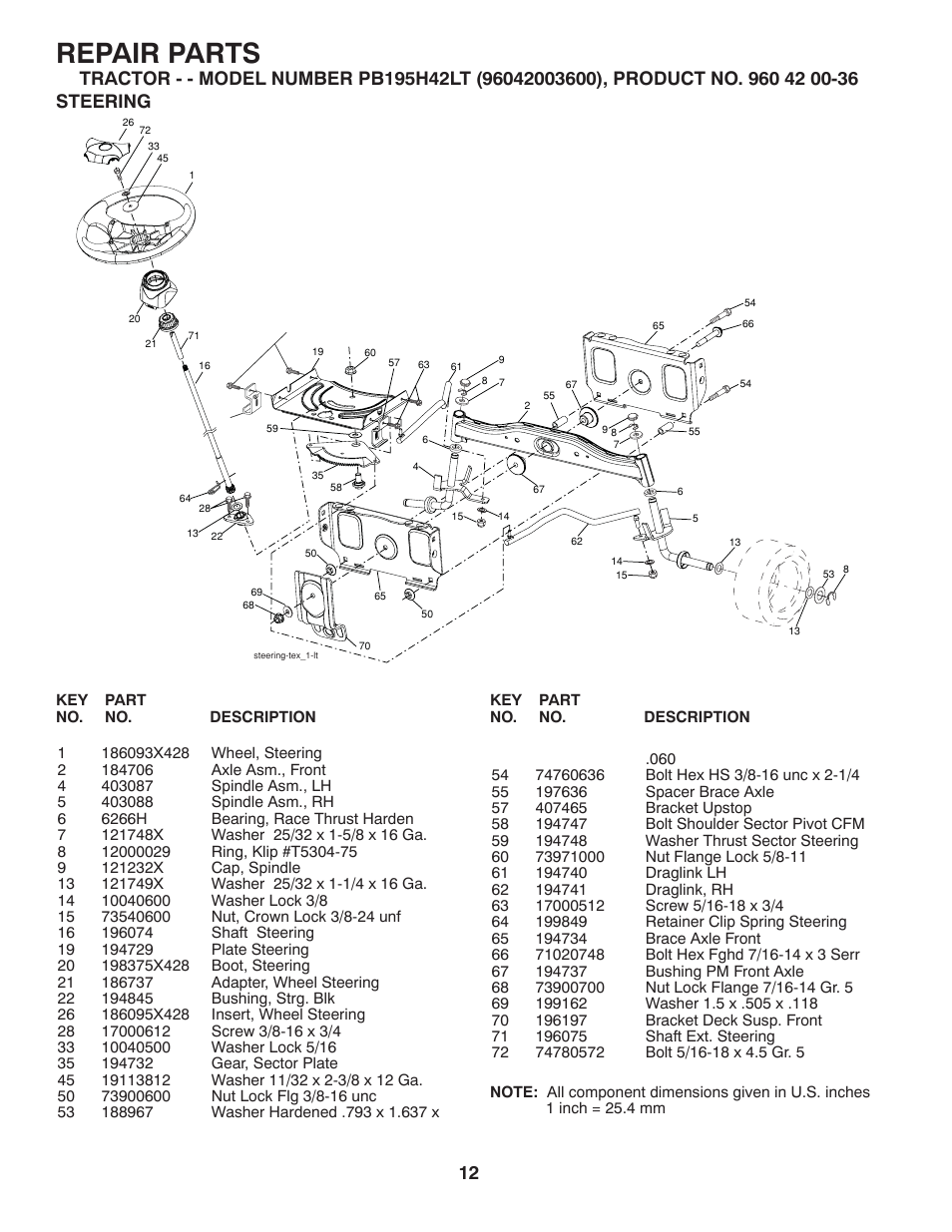 Steering, Repair parts | Poulan Pro PB195H42LT LAWN TRACTOR User Manual | Page 40 / 44