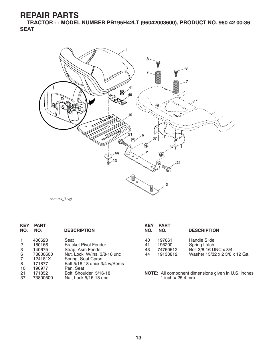 Seat, Repair parts | Poulan Pro PB195H42LT LAWN TRACTOR User Manual | Page 41 / 44