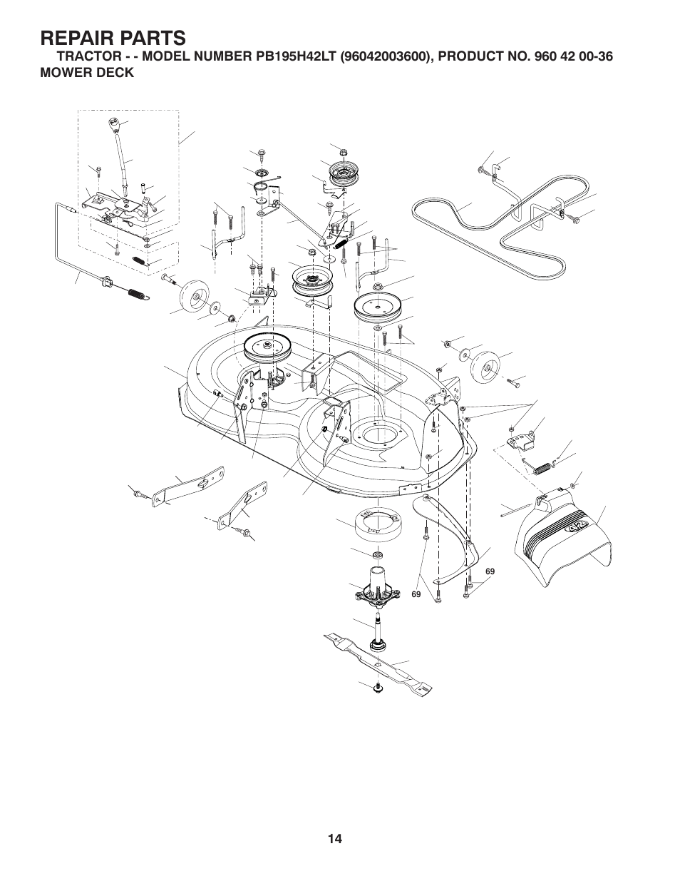 Mower deck, Repair parts | Poulan Pro PB195H42LT LAWN TRACTOR User Manual | Page 42 / 44