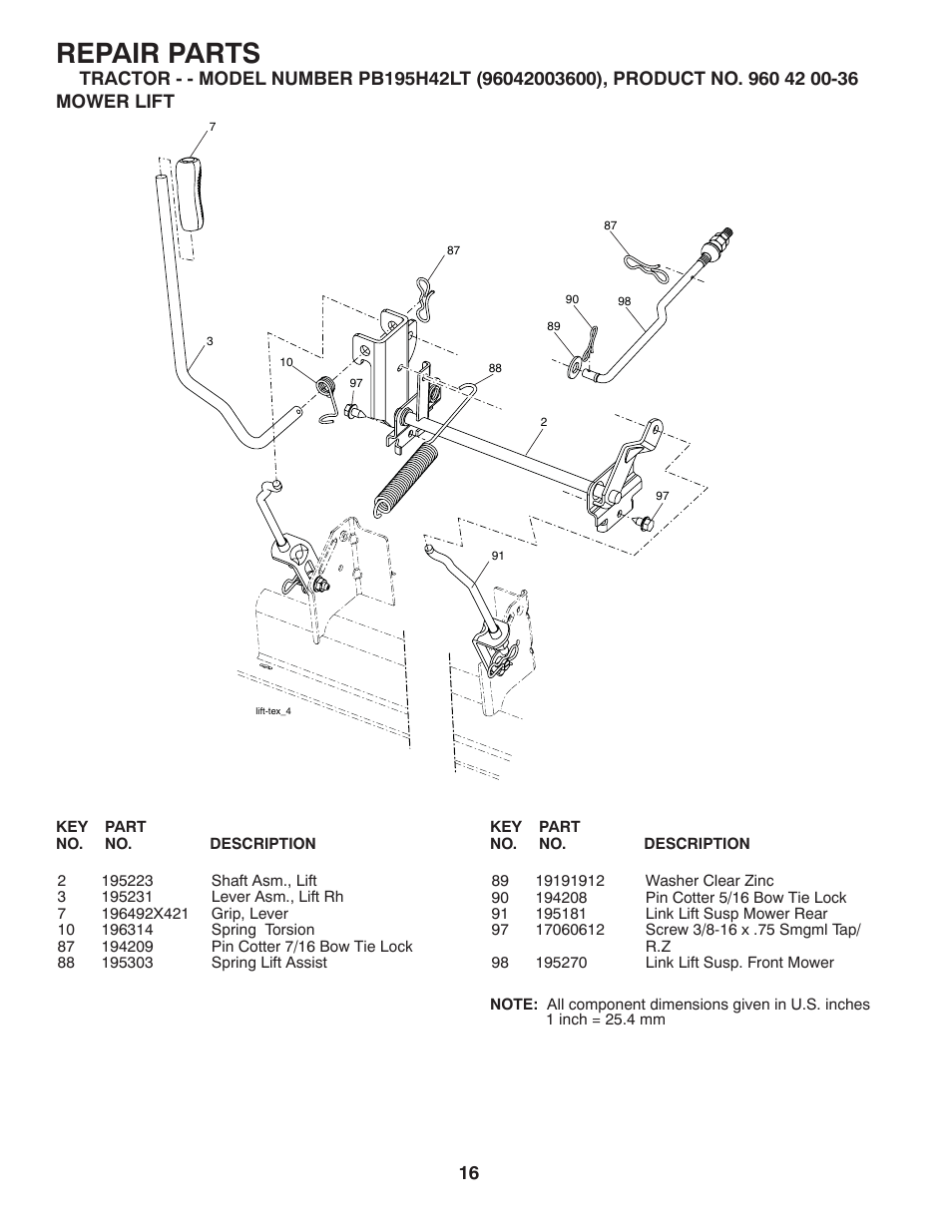 Mower lift, Repair parts | Poulan Pro PB195H42LT LAWN TRACTOR User Manual | Page 44 / 44