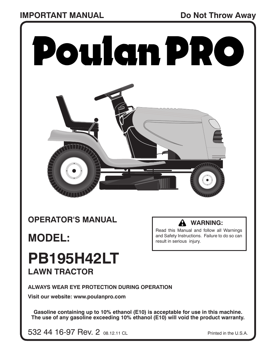 Poulan Pro PB195H42LT LAWN TRACTOR User Manual | 56 pages