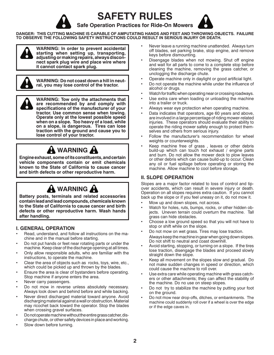 Safety rules, Warning, Safe operation practices for ride-on mowers | Poulan Pro PB195H42LT LAWN TRACTOR User Manual | Page 2 / 56