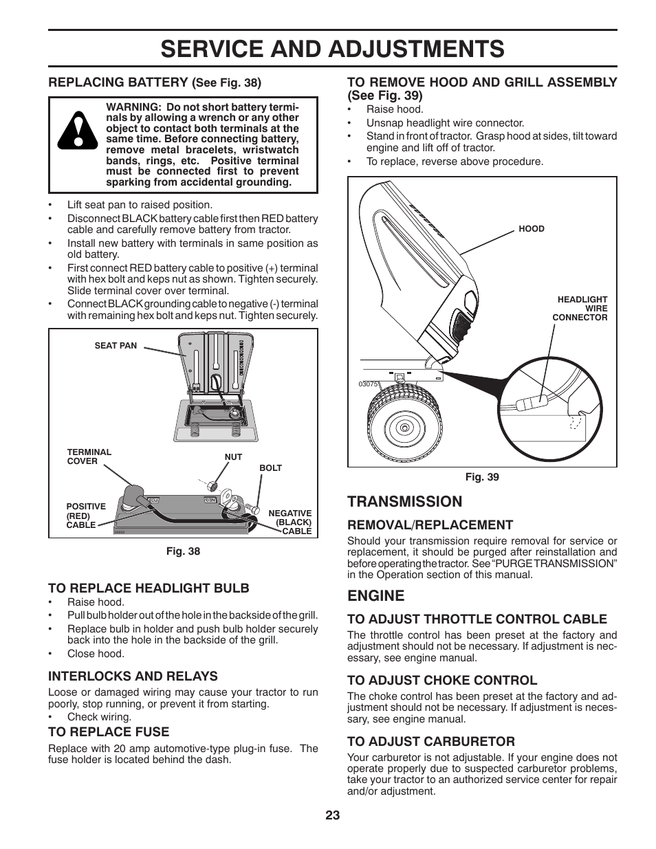 Service and adjustments, Engine, Transmission | Poulan Pro PB195H42LT LAWN TRACTOR User Manual | Page 23 / 56