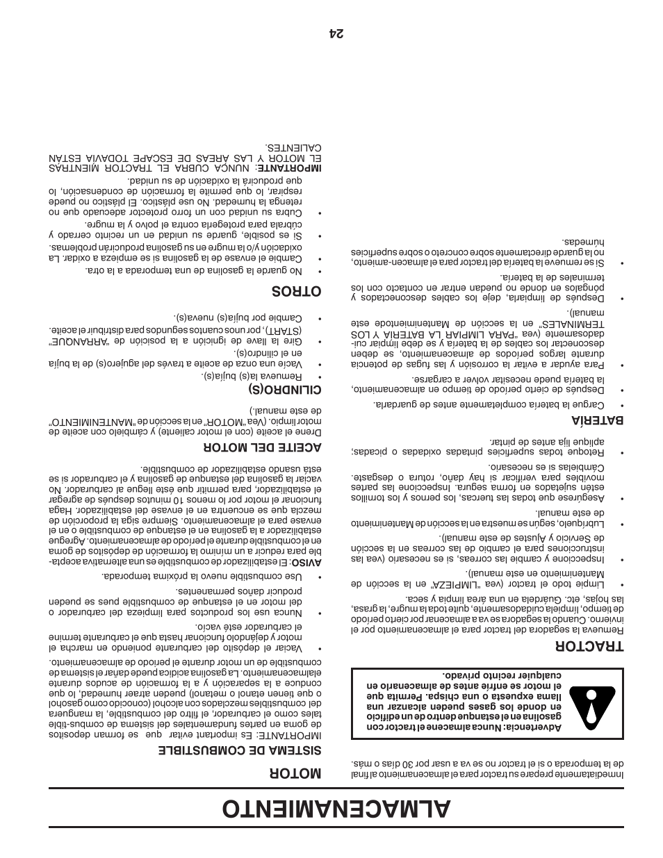 Almacenamiento, Tractor, Motor | Otros | Poulan Pro PB195H42LT LAWN TRACTOR User Manual | Page 33 / 56